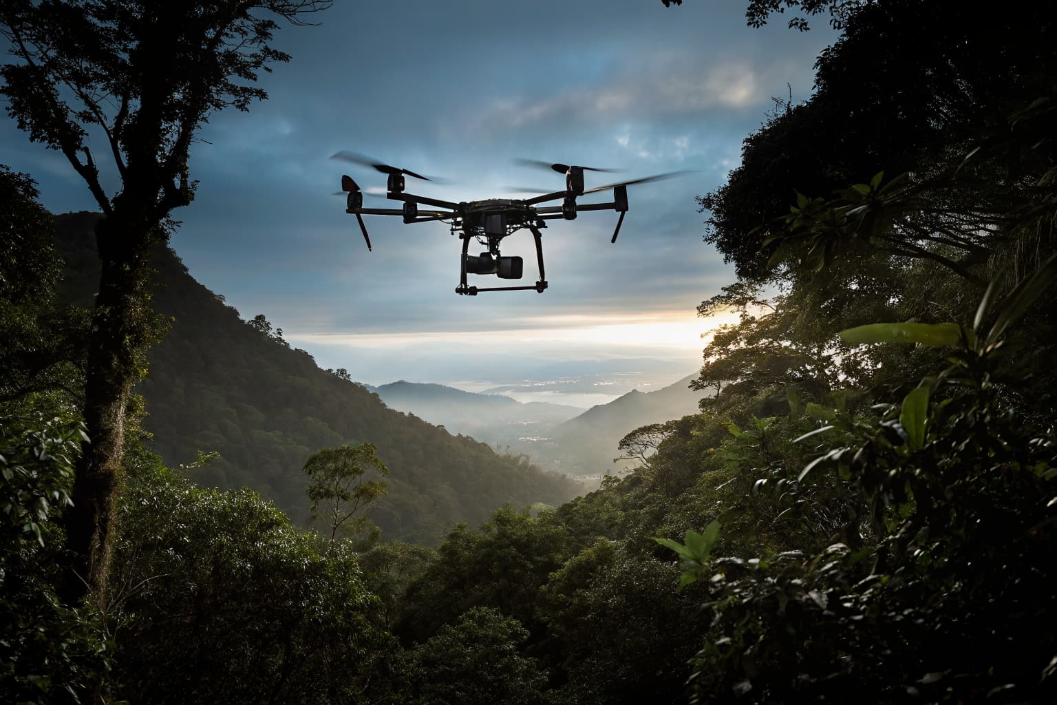 DJI Matrice 350 RTK professional drone flying over Costa Rica tropical forest valley at dusk
